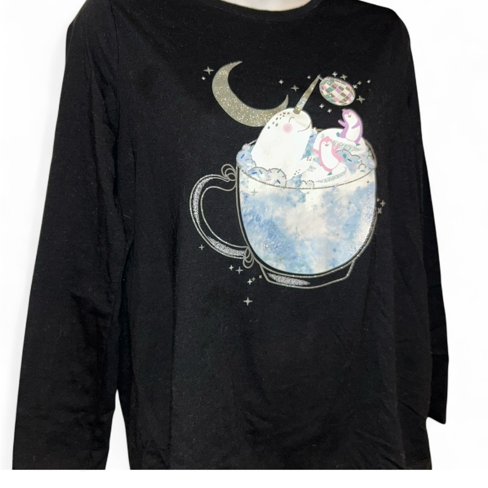 Cat & Jack Black Long Sleeve Shirt with Narwhal and Cup Design - Picture 2 of 4